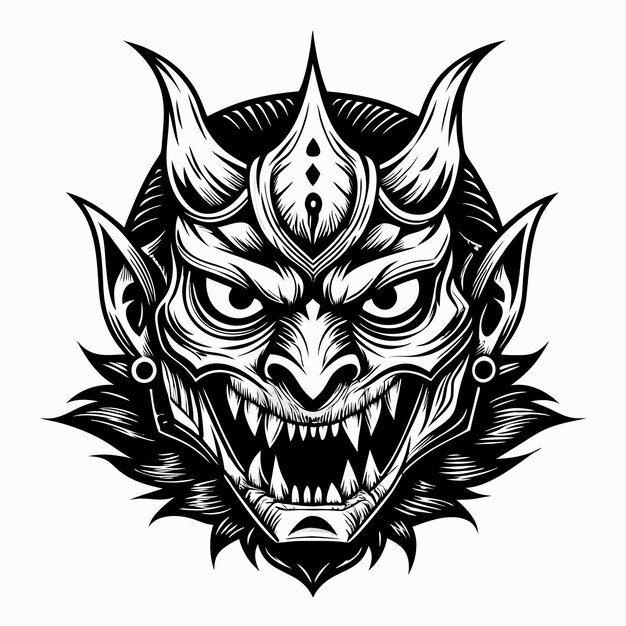 Intricate Black and White Illustration of a Fierce Oni Mask Design