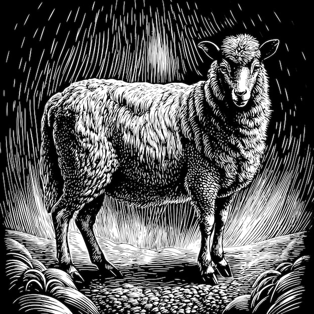 Intricate Black and White Line Art of a Sheep in Detailed Artistic Style