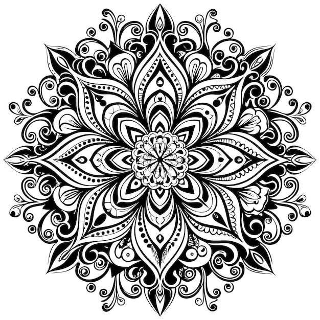 Vector intricate black and white mandala with floral patterns and swirls