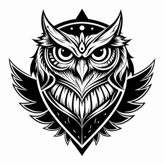 Vector intricate black and white owl tattoo design with geometric patterns and strong symbolism