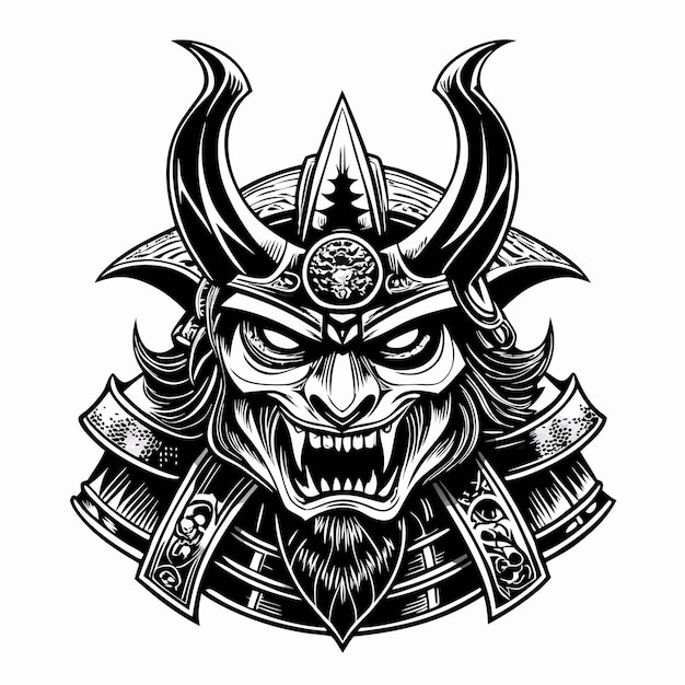 Vector intricate black and white samurai mask illustration with fierce expression