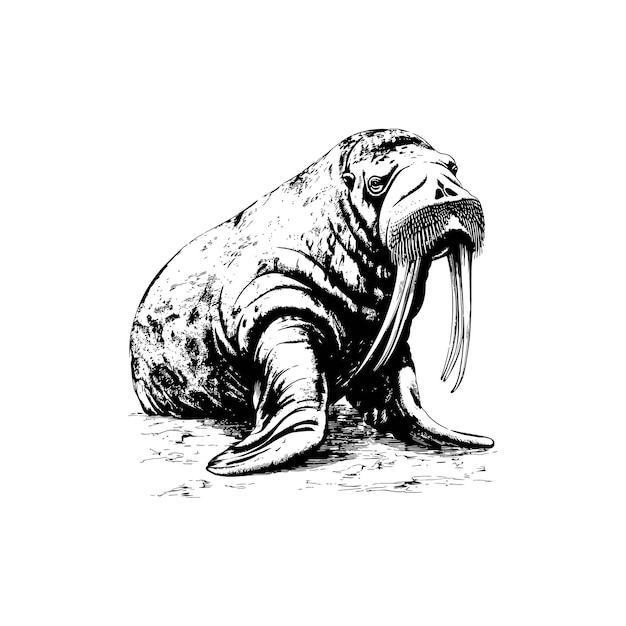 Intricate black and white walrus illustration with long tusks Vector illustration design