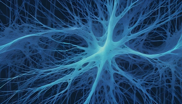 Intricate blue neuron cell with branching dendrites and axons representing the complexity of the brain nervous system and neural networks against a dark background