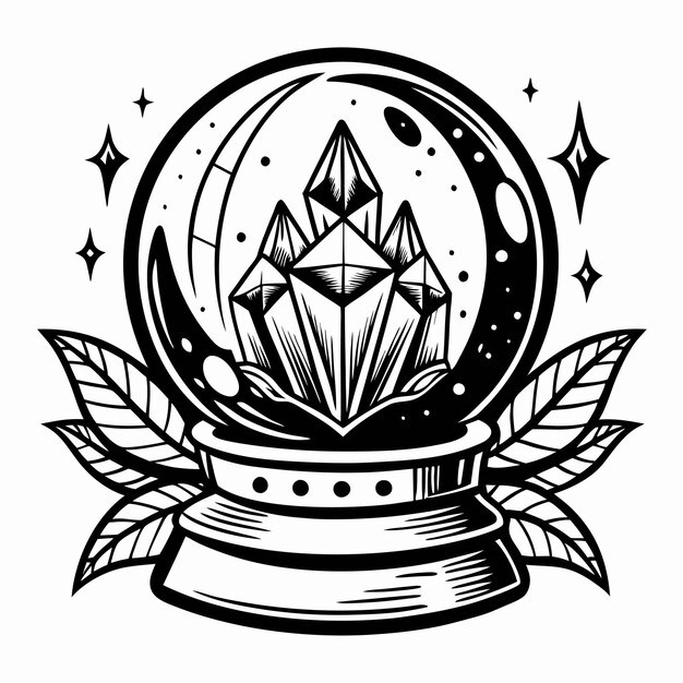 Vector intricate crystal ball with mystical leaves and stars illustration