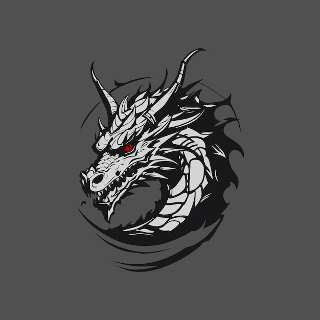 Intricate dragon head tattoo vector illustration featuring sharp teeth and fierce expression