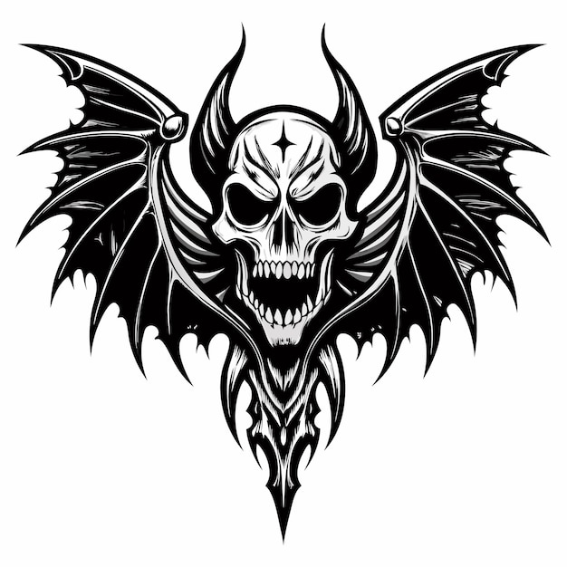 Vector intricate gothic skull with wings dark fantasy art design