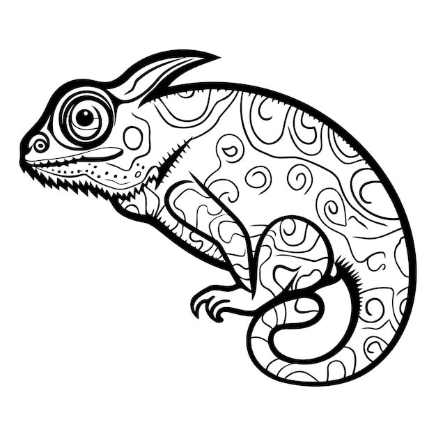 Vector intricate line art illustration of a chameleon with a unique swirling pattern