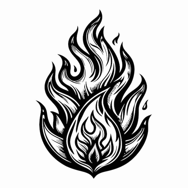 Intricate Monochrome Flame Illustration with Bold Line Art and Abstract Fire Elements