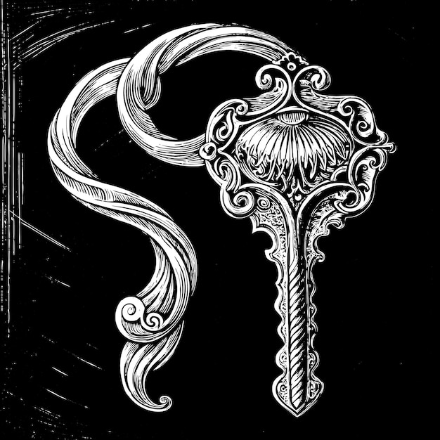 Intricate Ornate Key Design with Scrolls and Floral Motif on Black Background