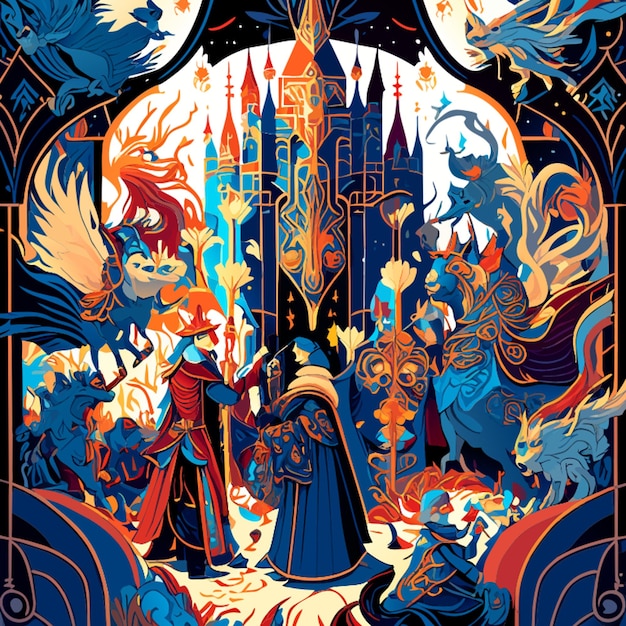 an intricate scene of a grand royal court in a fantasy kingdom with a diverse array of characters