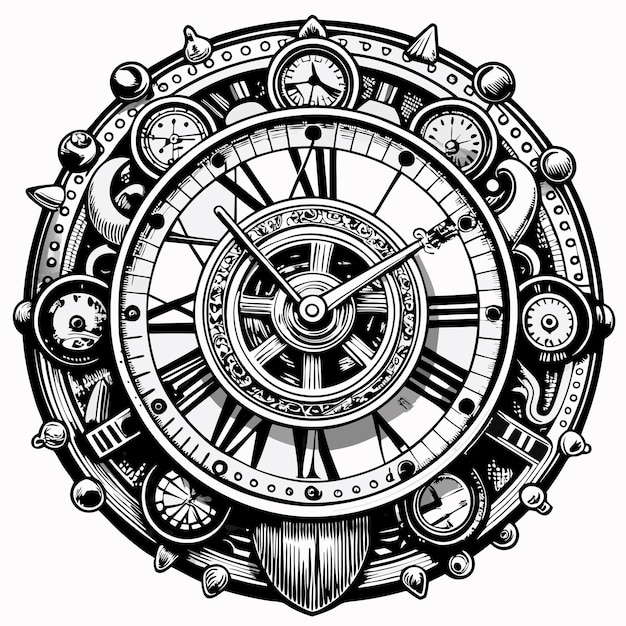 Vector intricate steampunk clock illustration with roman numerals and gears in black and white