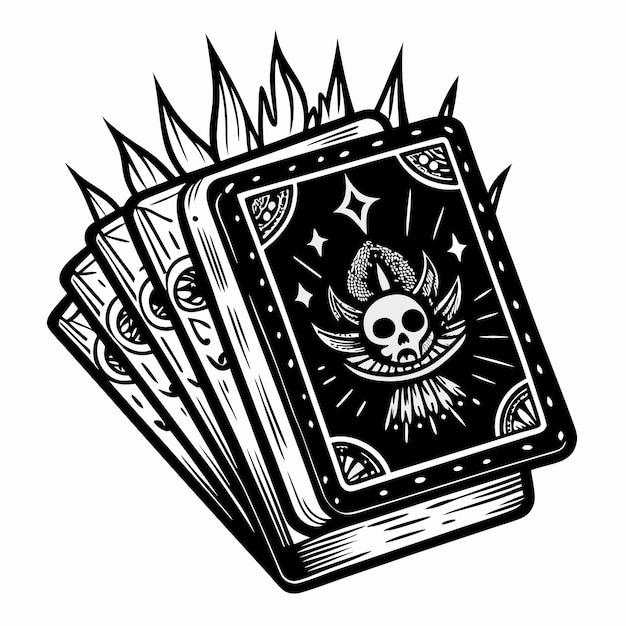 Intricate Tarot Cards Design with Skull Motif and Flames in Black and White