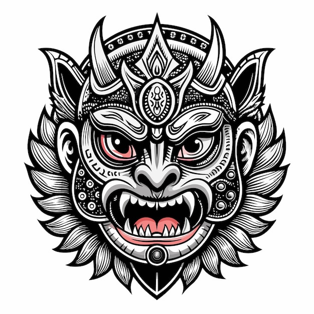 Intricate Tribal Mask Illustration with Fierce Expression and Ornate Details