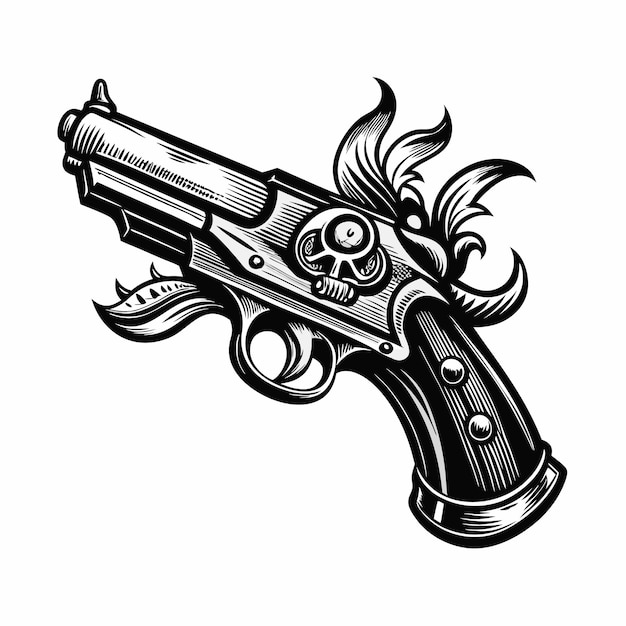 Intricate Vintage Revolver with Floral Motif in Black and White Art