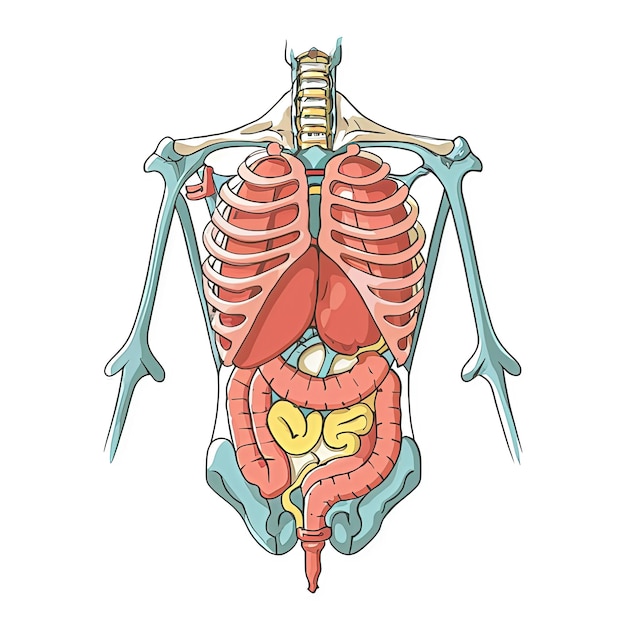 An intricately detailed anatomical illustration of the human body featuring various internal organs