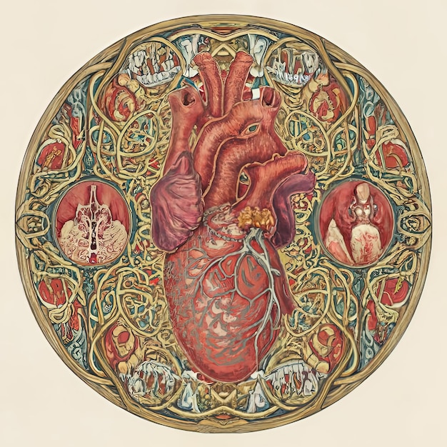 An intricately detailed anatomical illustration of the human body featuring various internal organs