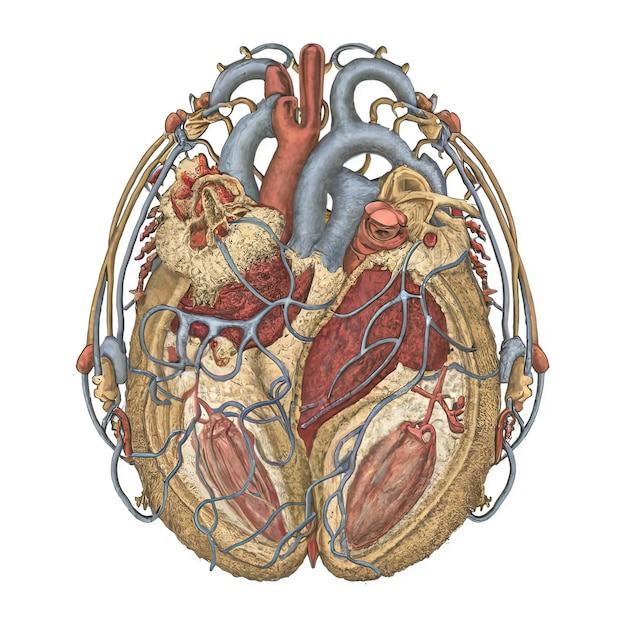 An intricately detailed anatomical illustration of the human body featuring various internal organs