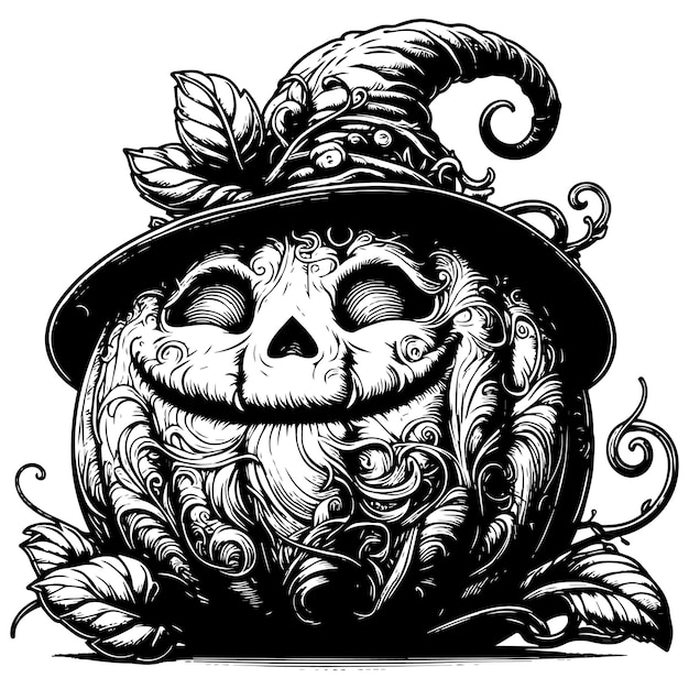 Intricately detailed pumpkin with face in black and white illustration vector generative ai