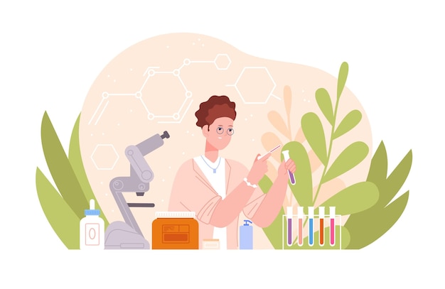 Invention organic product Woman pharmacist lab invents natural herbal oil skincare cosmetic scientist holding bottle with health vitamin ingredients splendid vector illustration