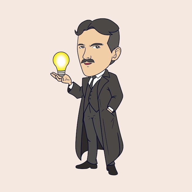 Vector inventor genius with lighting bulb cartoon illustration of nikola tesla