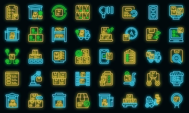 Inventory optimization icons set outline vector Location management vector neon