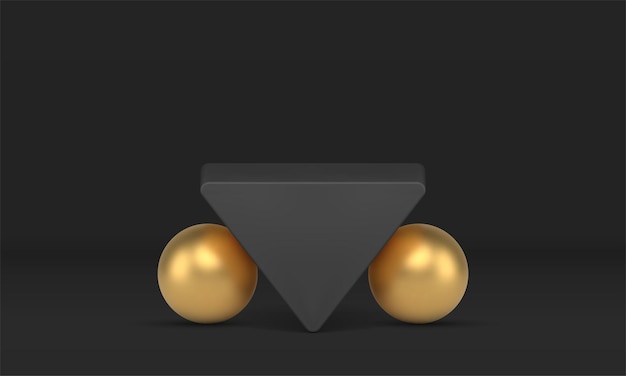 Inverted triangle golden sphere abstract geometric podium black studio background realistic vector