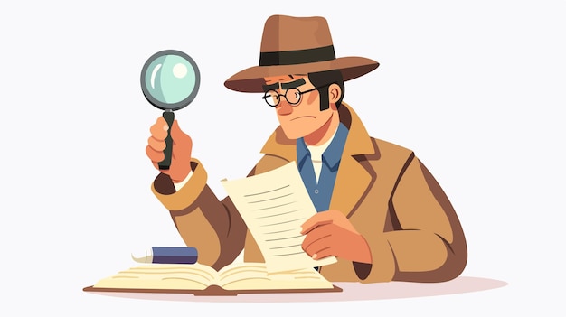 Vector investigation of evidence man detective examines clues professionally