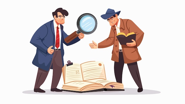 Vector investigation of evidence man detective examines clues professionally