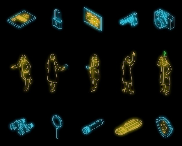 Investigator icons set vector neon