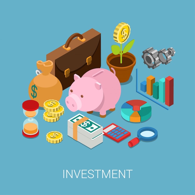 Investment capitalization money savings finance concept isometric   illustration. Piggy bank, coin flower plant, money bag, sand clock, cogwheel, chart graphic report, briefcase.