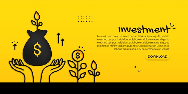 Investment concept with hand hold money bag on yellow background