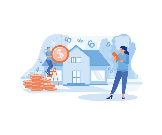 Vector investment and financial literacy people buy houses with loans from banks real estate investment concept flat vector illustration