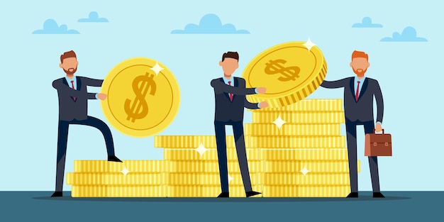 Investment fund Distribution of funds Business development Businessmen with stacks of gold coins investing money income growth capital earnings success Vector cartoon flat concept