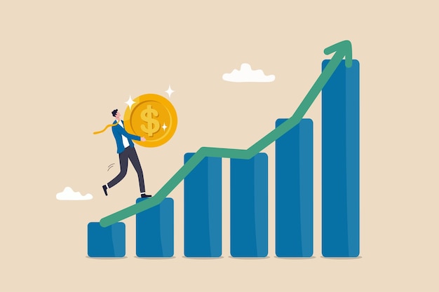 Investment graph earning or profit from stock exchange or mutual fund wealth management or asset growth concept confidence businessman carry big dollar coin climb up rising up financial graph