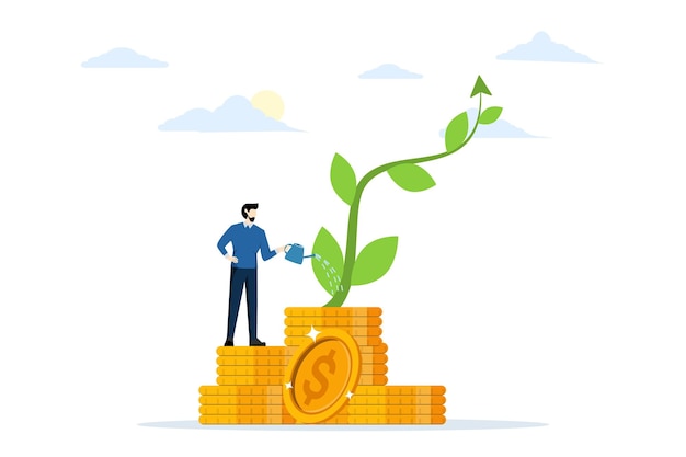 investment growth vector illustration with a businessman watering a plant shaped like a growth chart