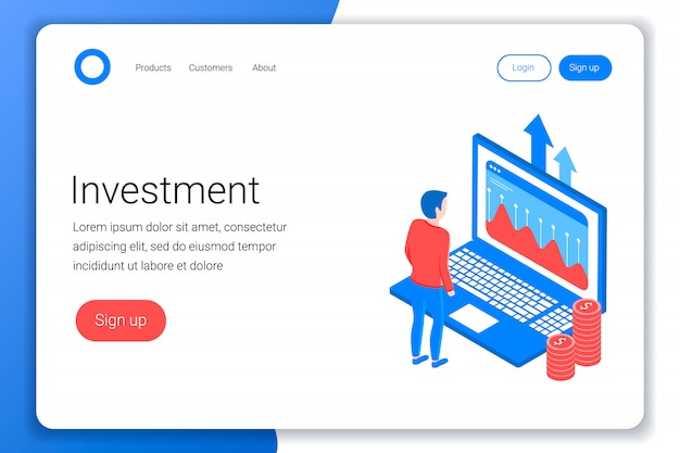 Investment isometric concept. Investor analyzes the data on the laptop screen. Flat 3d isometric. Landing page template. illustration.