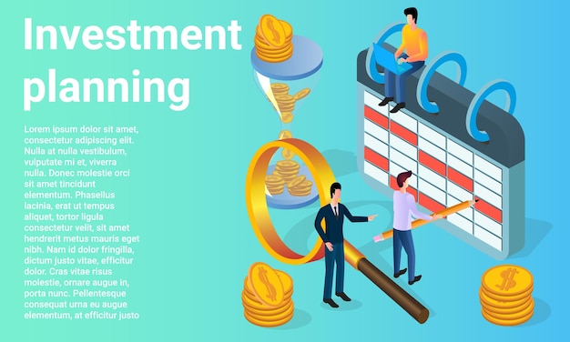 Investment planning People on the background of a calendar and a magnifying glass are engaged