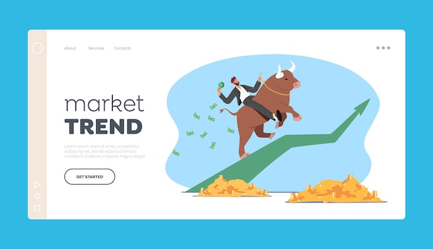 Investment, Stock Market Trading, Bullish Trend Landing Page Template. Successful Businessman Trader Character Saddle Bull Rising Up with Arrow Chart, Money Piles around. Cartoon Vector Illustration