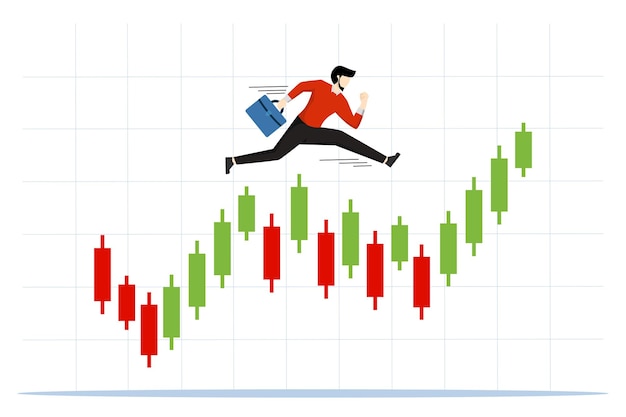 Investment trading concept with confident Investor with money bag running on candlestick chart