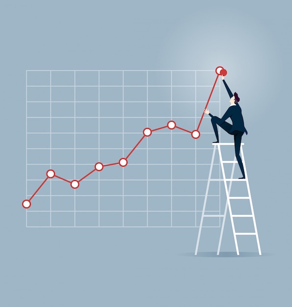 Vector investor. businessman climbing up on a ladder