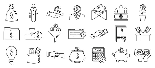 Investor finance icons set, outline style