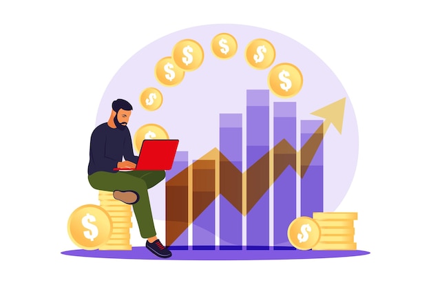 Investor man with laptop monitoring growth of dividends. Trader investing capital, analyzing profit graphs.   flat illustration.