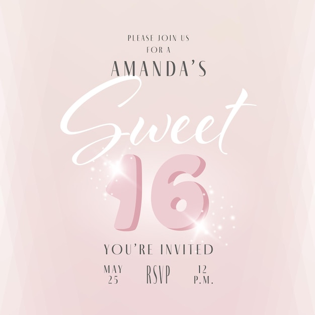 Vector invitation card design for sweet 16 party celebration. birthday party announcement