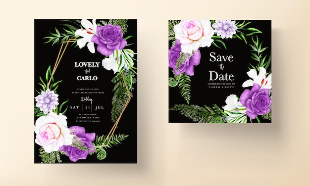 invitation card template with beautiful purple floral