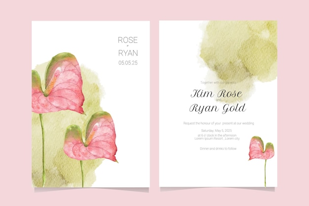 Invitation card template with pretty pink anthurium flower illustration