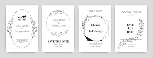 Invitation card Wedding floral poster with wreath and greenery Hand drawn holiday banners collection Minimalistic line frame with leaves and calligraphic newlyweds names vector set