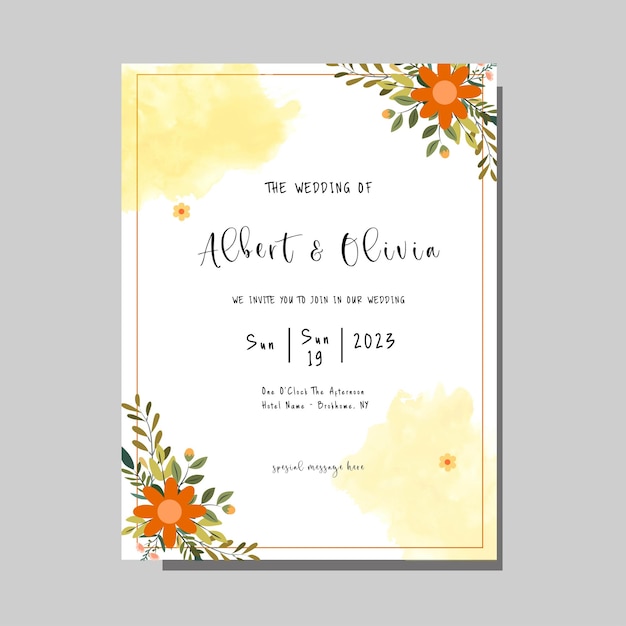 invitation card wedding with flower and leaves simple wedding template