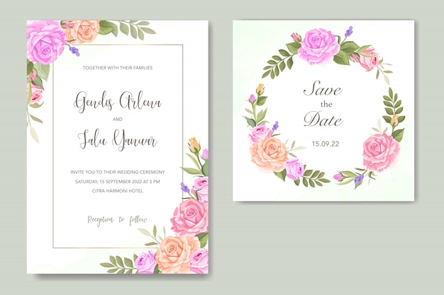 invitation card with beautiful floral and leaves