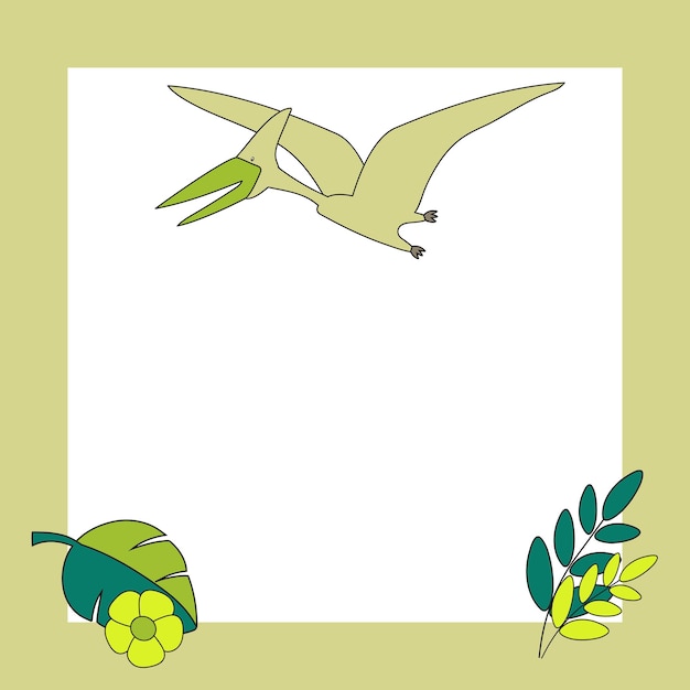 Invitation card with pterodactyl and leaves on a white background with a beige frame