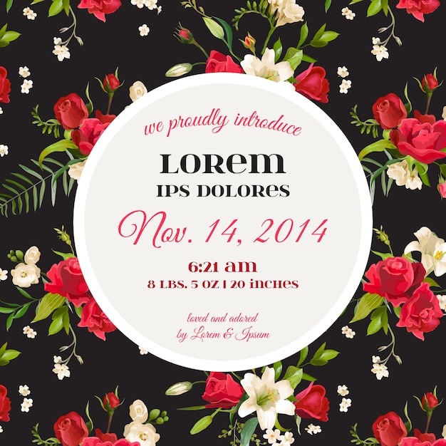 Invitation or Congratulation Card for Wedding, Baby Shower. Vintage Rose and Lily Floral Theme